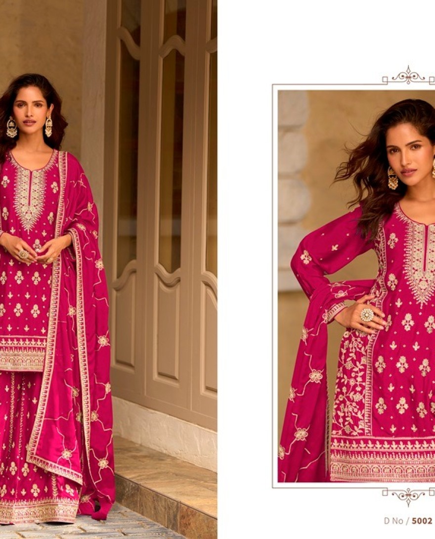 PINK - Pink Embroidered, Sequins and Thread Work Chinon Palazzo Salwar Suit